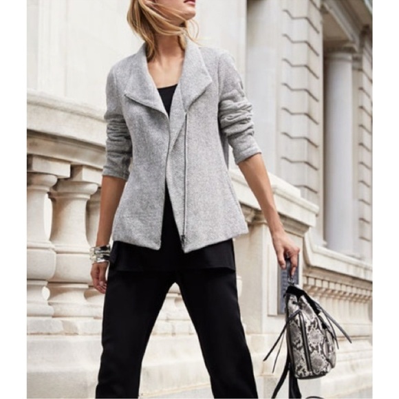 Eileen Fisher Organic Cotton Knit Moto Jacket M Herringbone Gray Contemporary - Picture 1 of 11